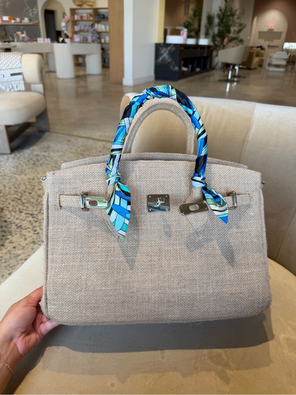 Beige Canvas Top-Handle Tote with Blue Scarf Accent